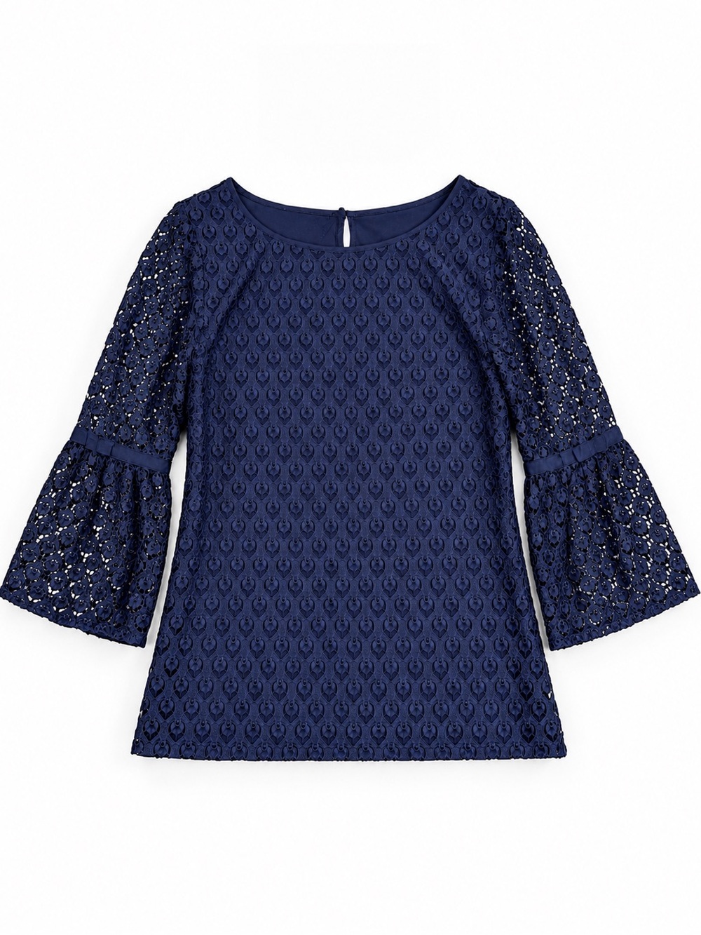 NWT rsvp by TALBOTS Women’s Medium Navy LACE Eyelet BLOUSE Bell Sleeve Lined Top